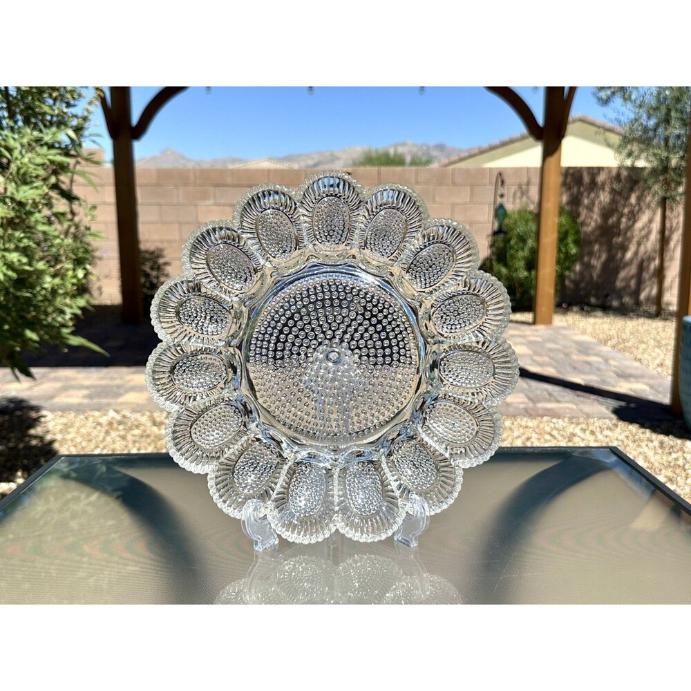 DEVILED EGG 11" PLATE PLATTER RELISH TRAY CLEAR INDIANA GLASS HOBNAIL MCM EUC